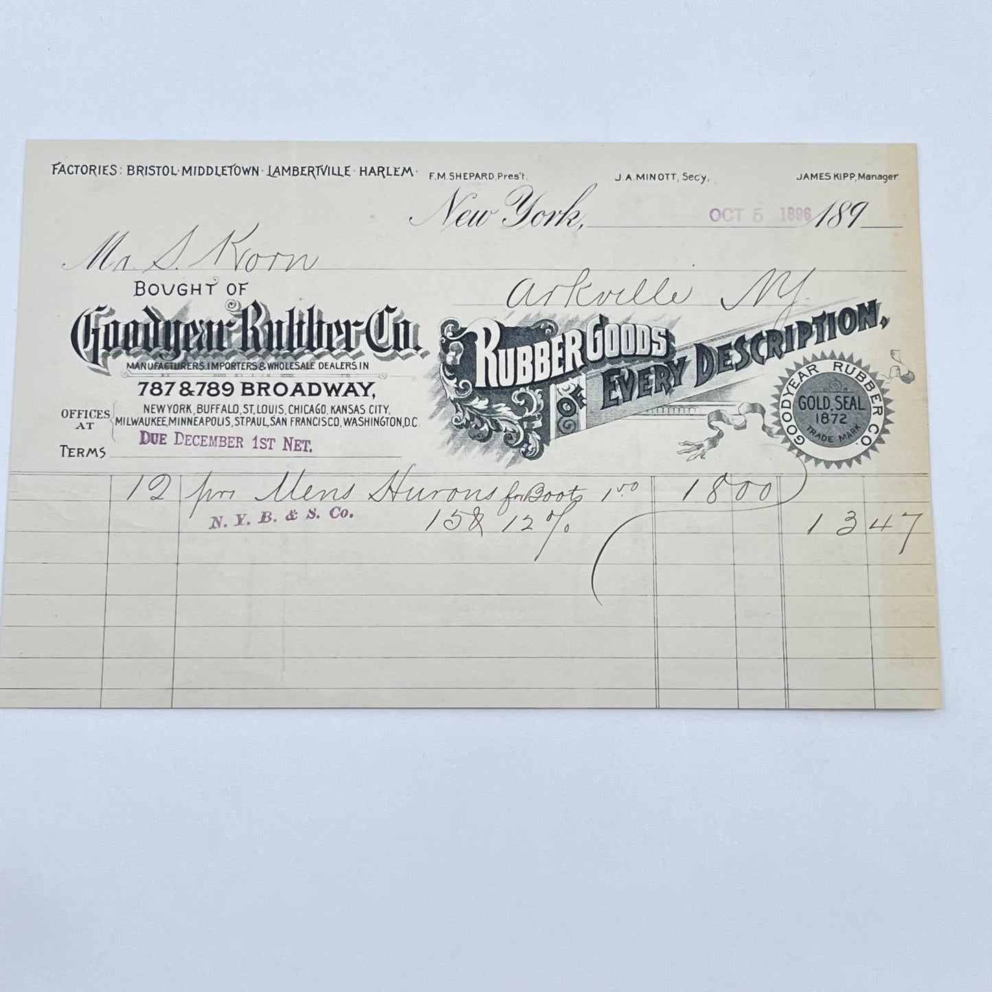 1896 Goodyear Rubber Co. Letterhead New York AB5