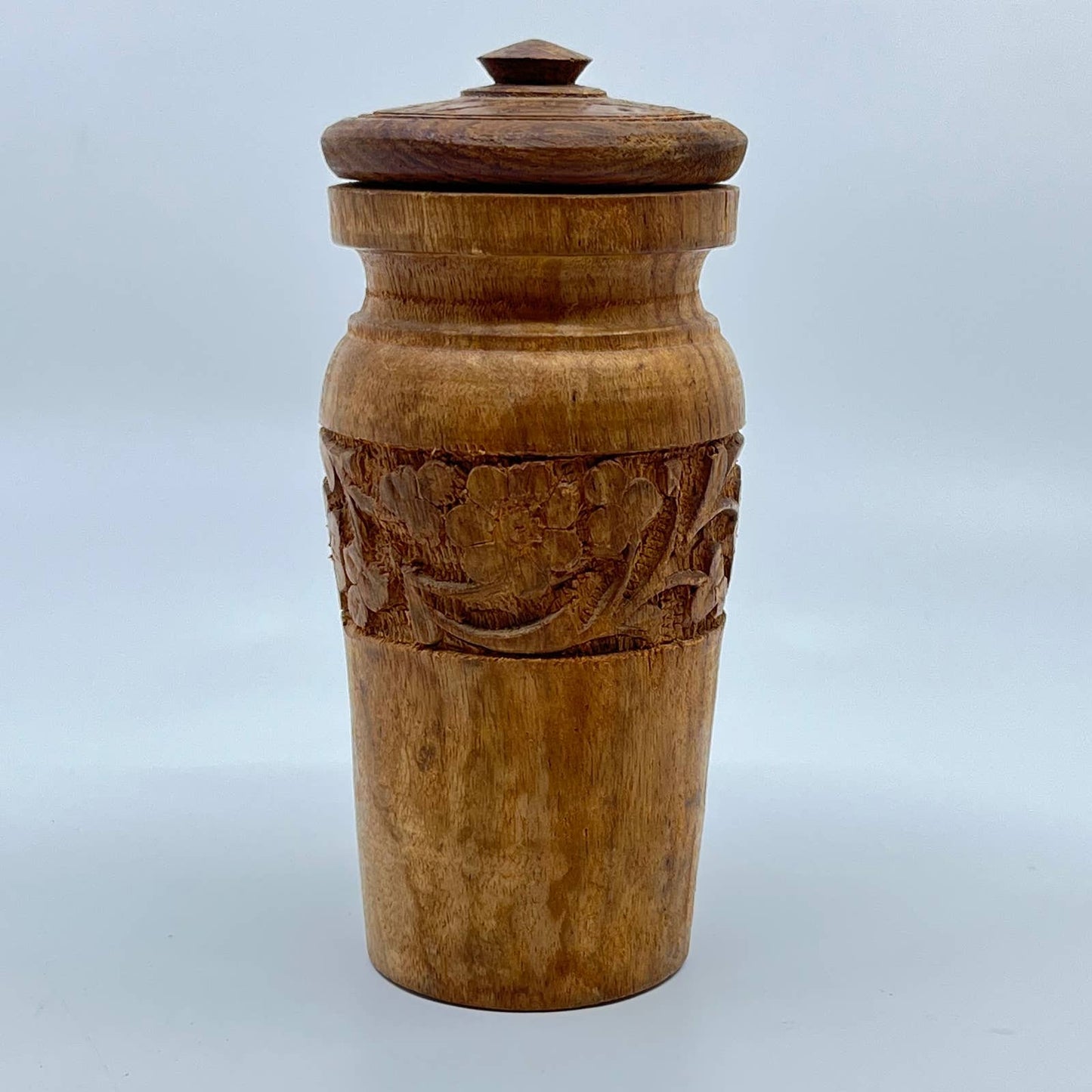 Vintage Teak Wood Carved Tea Canister Jar Urn w/ Lid India 5” TE5