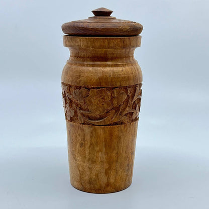 Vintage Teak Wood Carved Tea Canister Jar Urn w/ Lid India 5” TE5