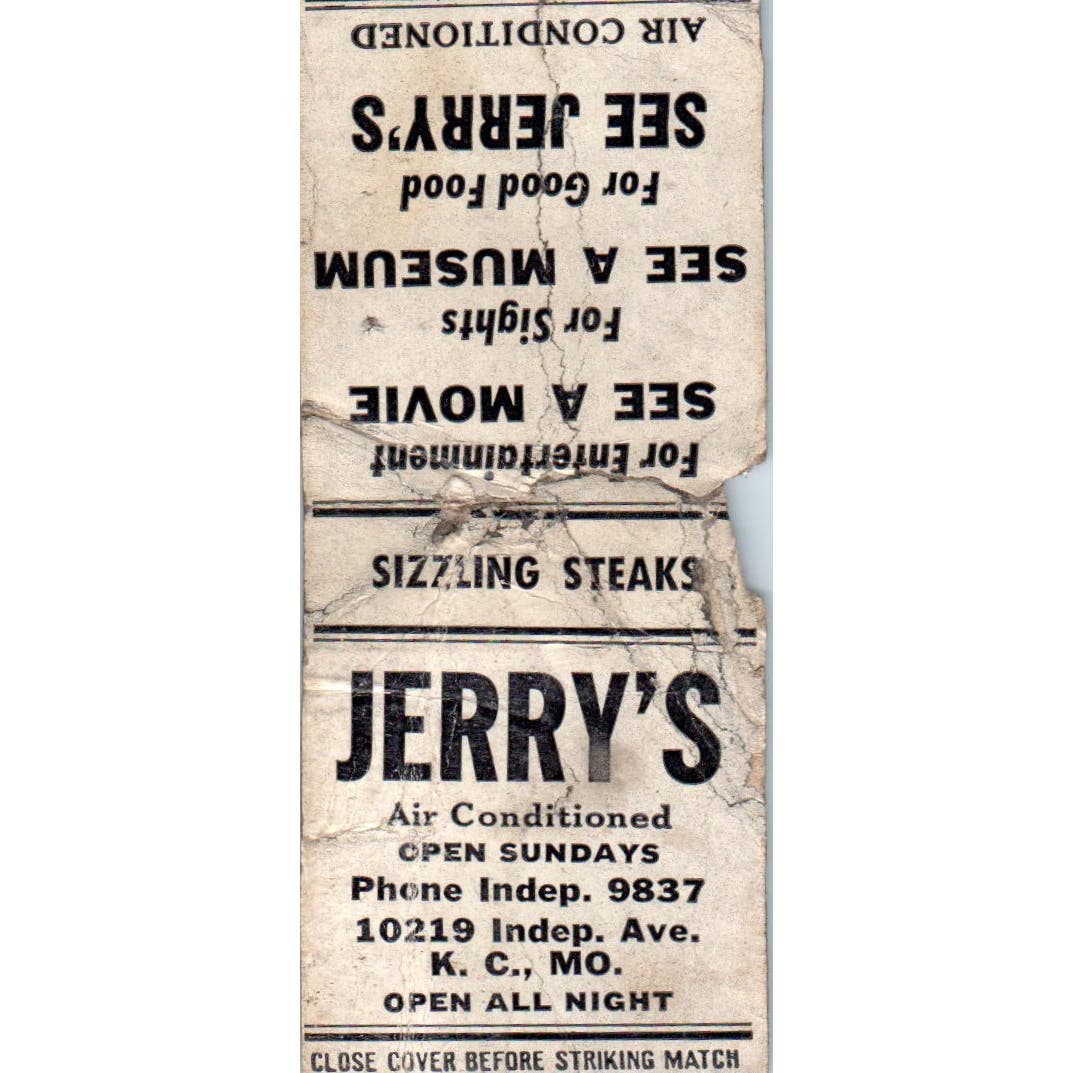 Jerry's Restaurant Kansas City MO Advertising Matchbook Cover SA9-M2