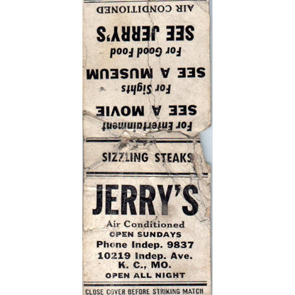 Jerry's Restaurant Kansas City MO Advertising Matchbook Cover SA9-M2