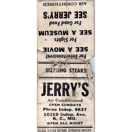 Jerry's Restaurant Kansas City MO Advertising Matchbook Cover SA9-M2
