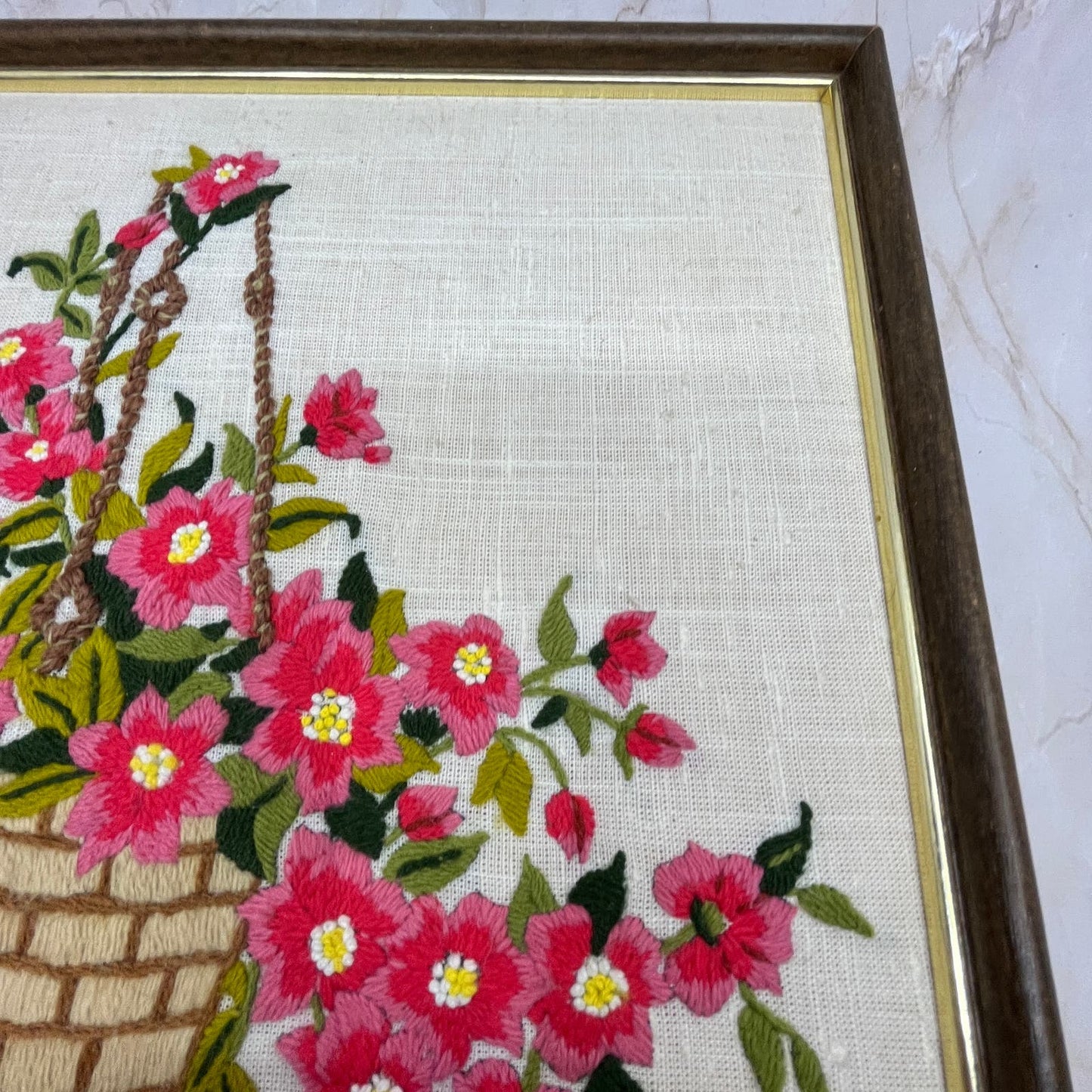 1970s Embroidery Crewel Wall Art Basket Of Pink Flowers Peonies 14.5x11.75"