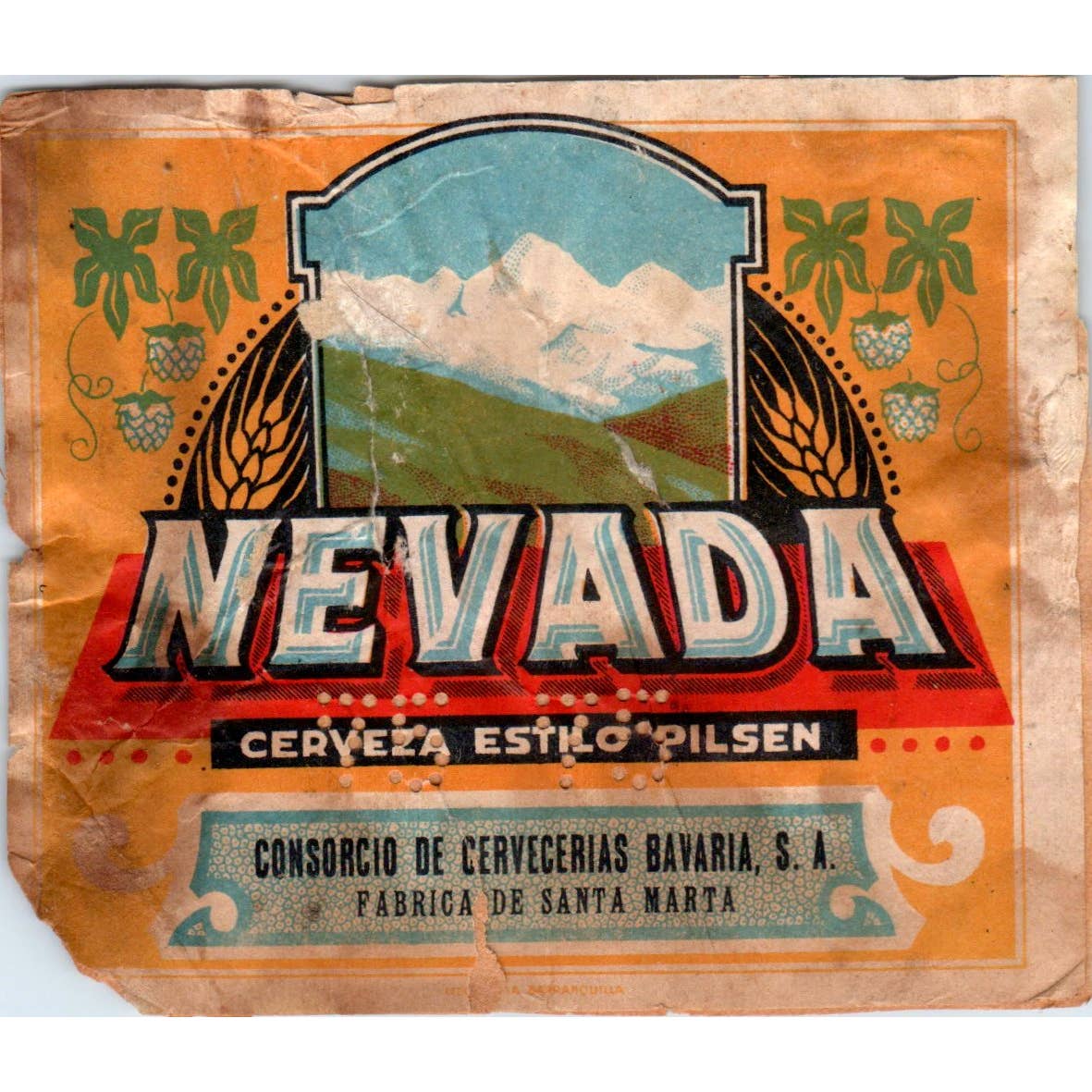 Vintage Beer Label Nevada Cerveza Estilo Pilsen Bavaria S.A. Santa Marta SF2