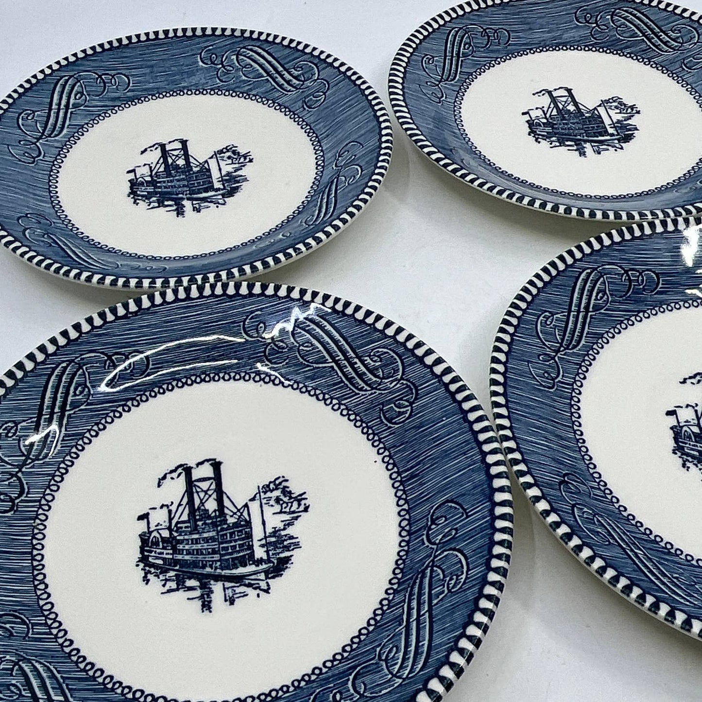 Currier & Ives BLUE Steamboat Royal China Set of 4 Dessert Plates 6” TI3