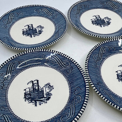 Currier & Ives BLUE Steamboat Royal China Set of 4 Dessert Plates 6” TI3
