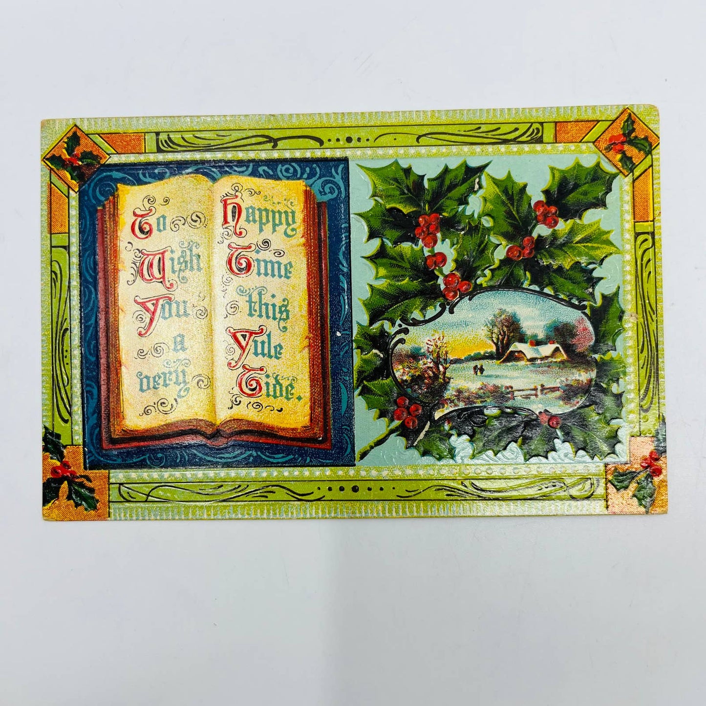 1910s Christmas Post Card Embossed Cottage Holly Sunset Snow Book PA4