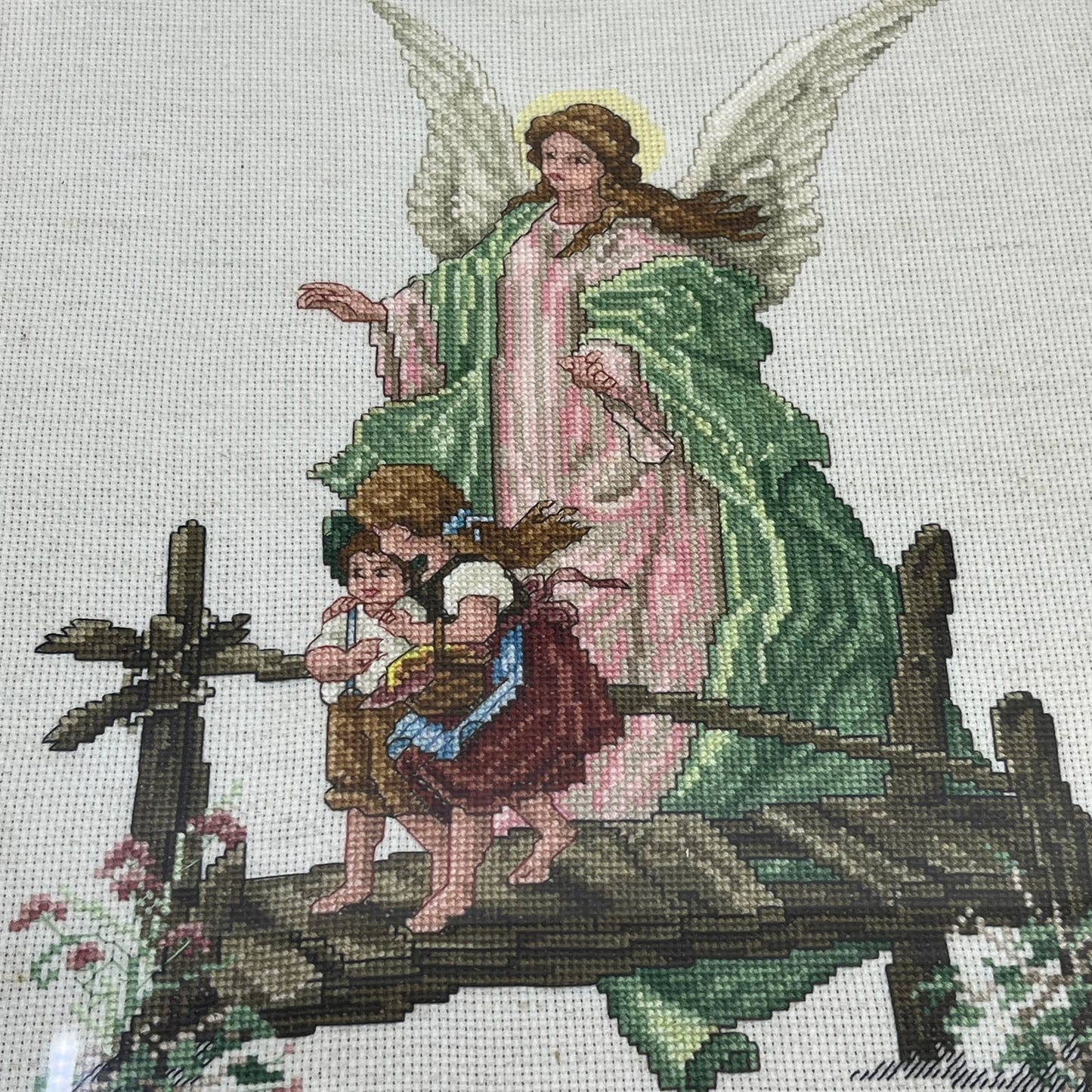 Guardian Angel Cross Stitch Art in Wooden Frame Handmade Finished Wall Decor TG3