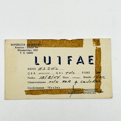 1954 QSL Radio Card LU1FAE Rosario Santa Fe Argentina SC6