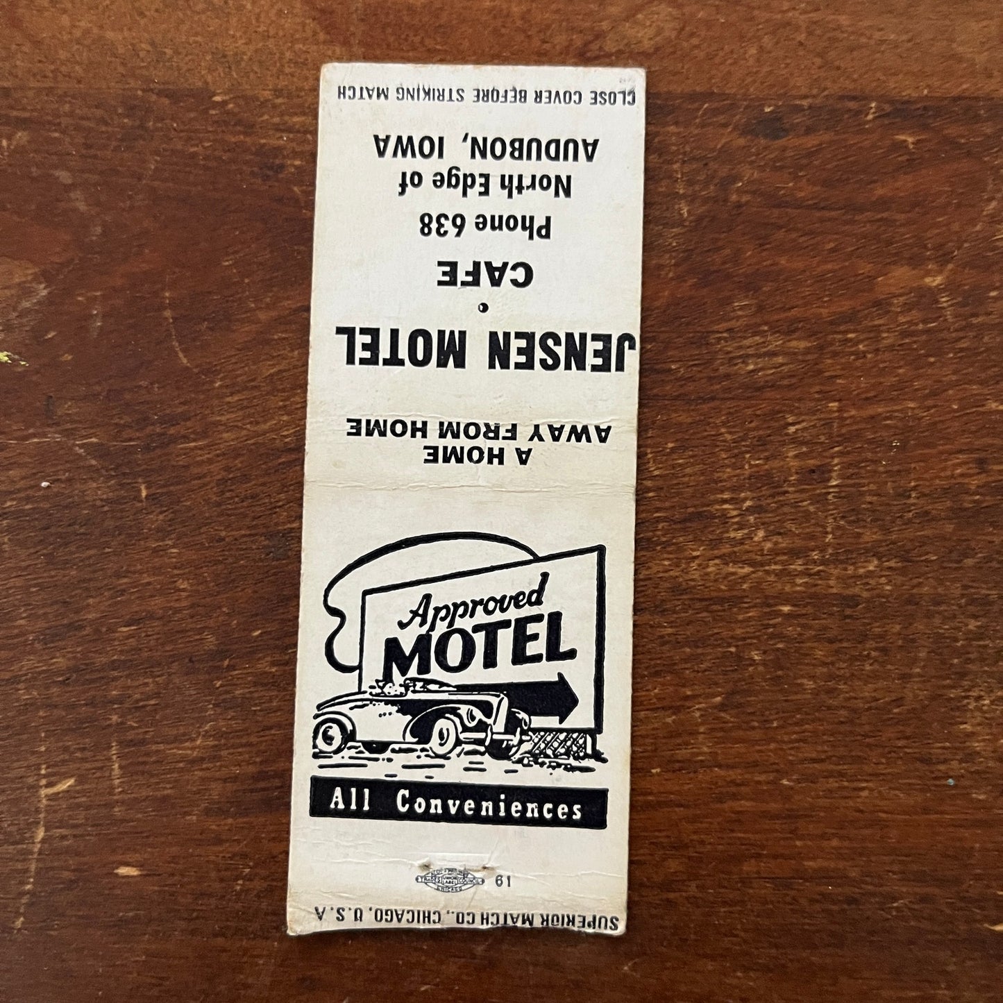 Jensen Motel Cafe Audubon Iowa Advertising Matchbook Cover MM11-6