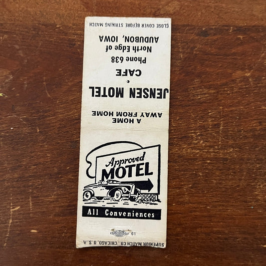 Jensen Motel Cafe Audubon Iowa Advertising Matchbook Cover MM11-6