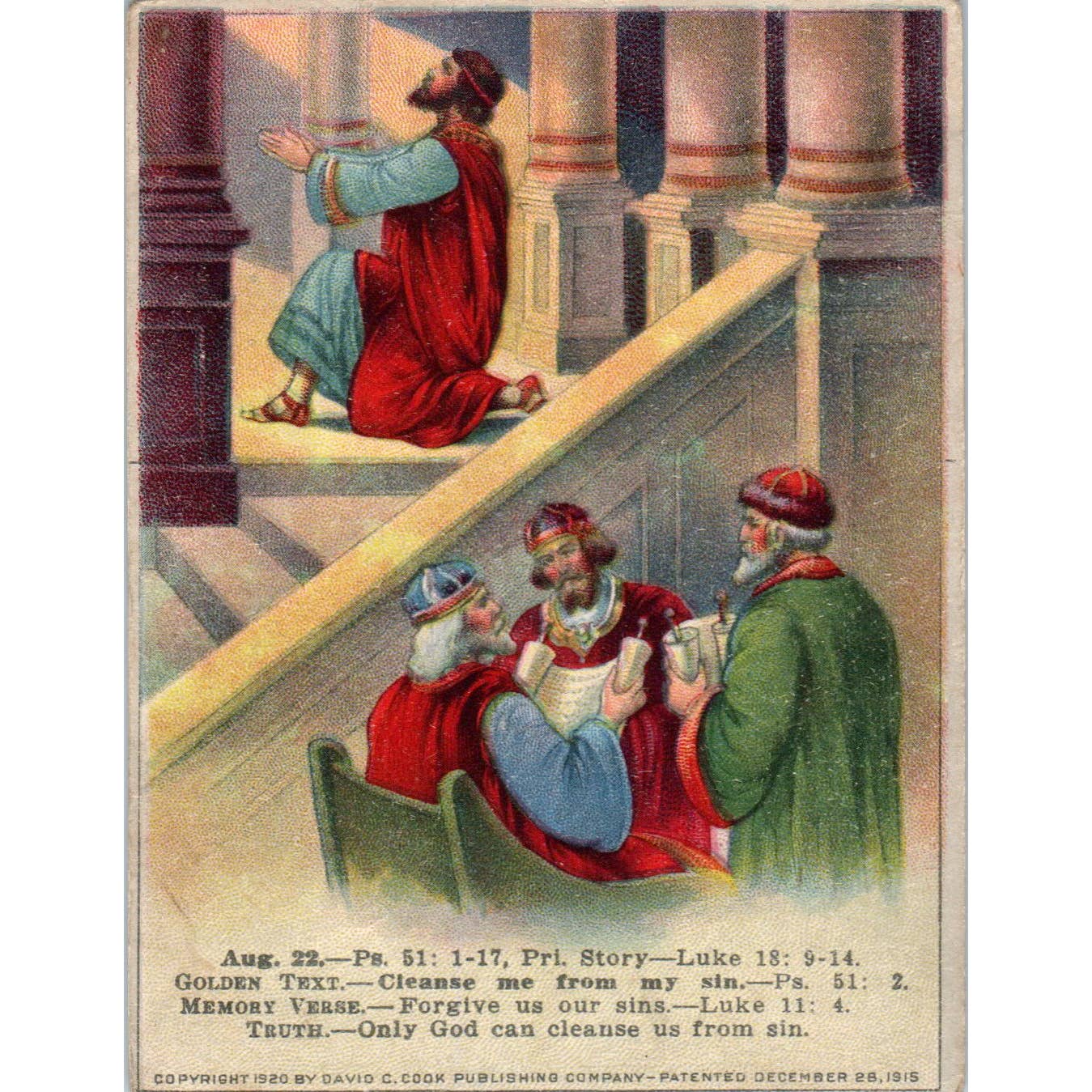 1920 Christian Lesson Picture Card A Prayer for Pardon Ps 51, 1 Luke 11:4 SE5