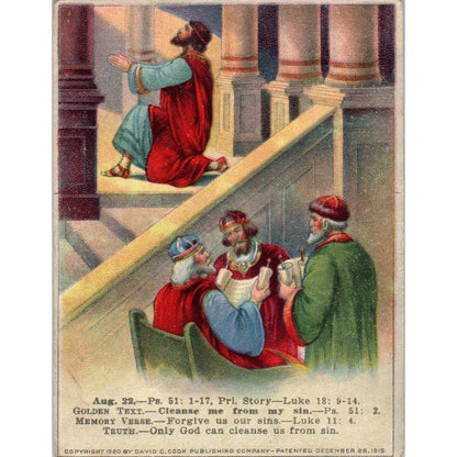 1920 Christian Lesson Picture Card A Prayer for Pardon Ps 51, 1 Luke 11:4 SE5
