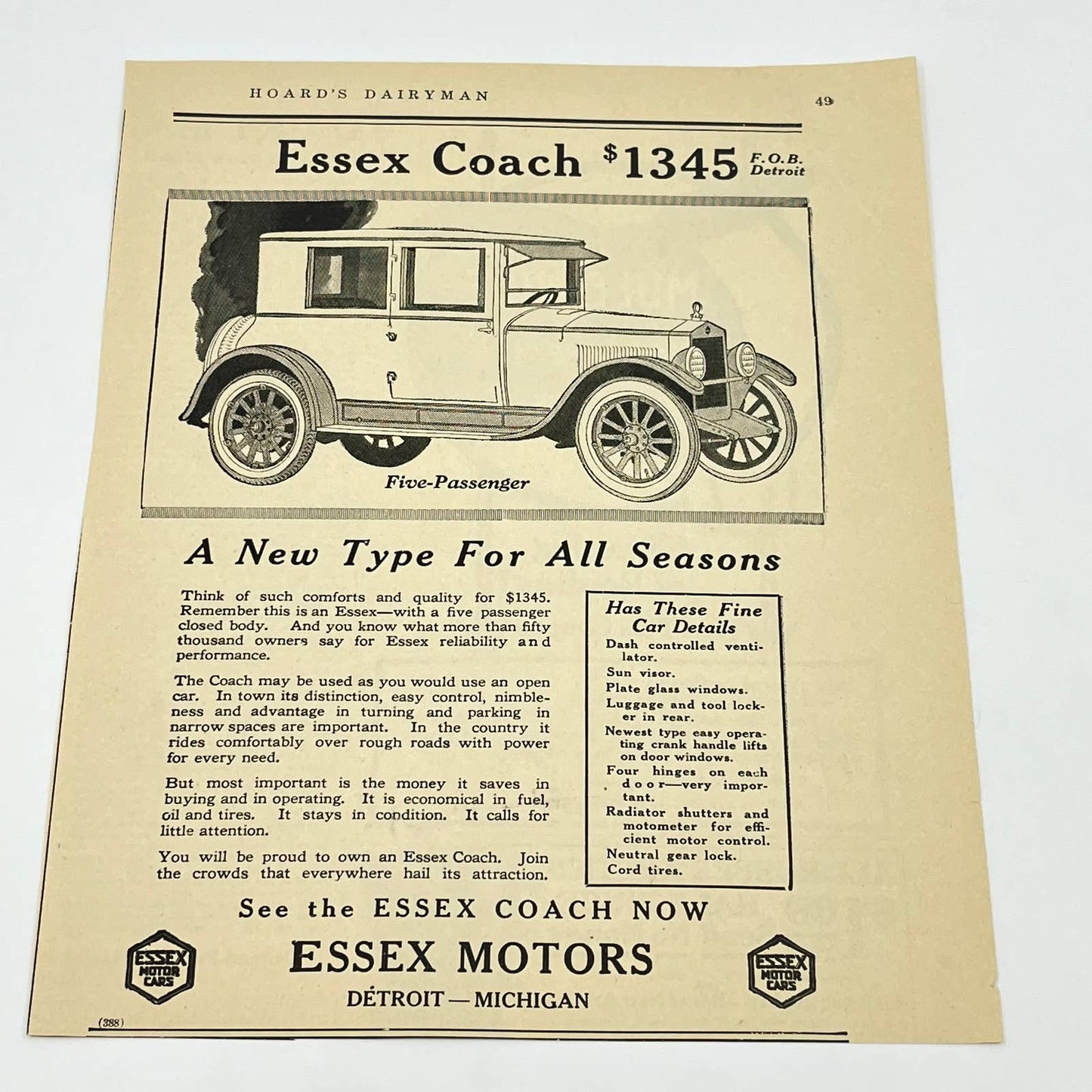 c1920 Essex Coach 5 Passenger Motor Car Automobile Ad Detroit MI AA8