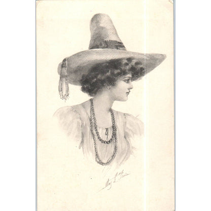 Beautiful Lady Wearing Large Straw Hat Sketch 1911 Original Postcard TK1-P15