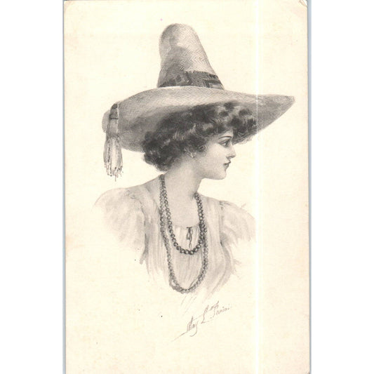 Beautiful Lady Wearing Large Straw Hat Sketch 1911 Original Postcard TK1-P15