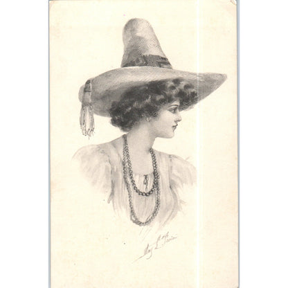 Beautiful Lady Wearing Large Straw Hat Sketch 1911 Original Postcard P2-5