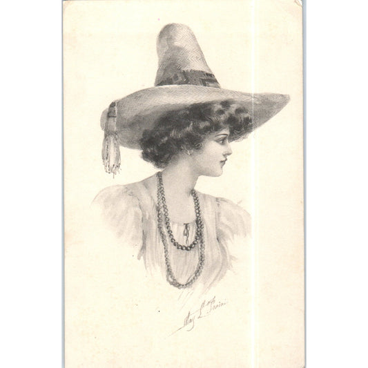 Beautiful Lady Wearing Large Straw Hat Sketch 1911 Original Postcard P2-5