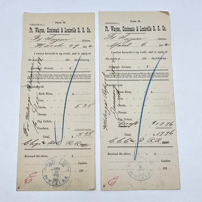 1882 Ft. Wayne, Cincinnati & Louisville RR Co Receipt Ft Wayne Station x2 AB2-1