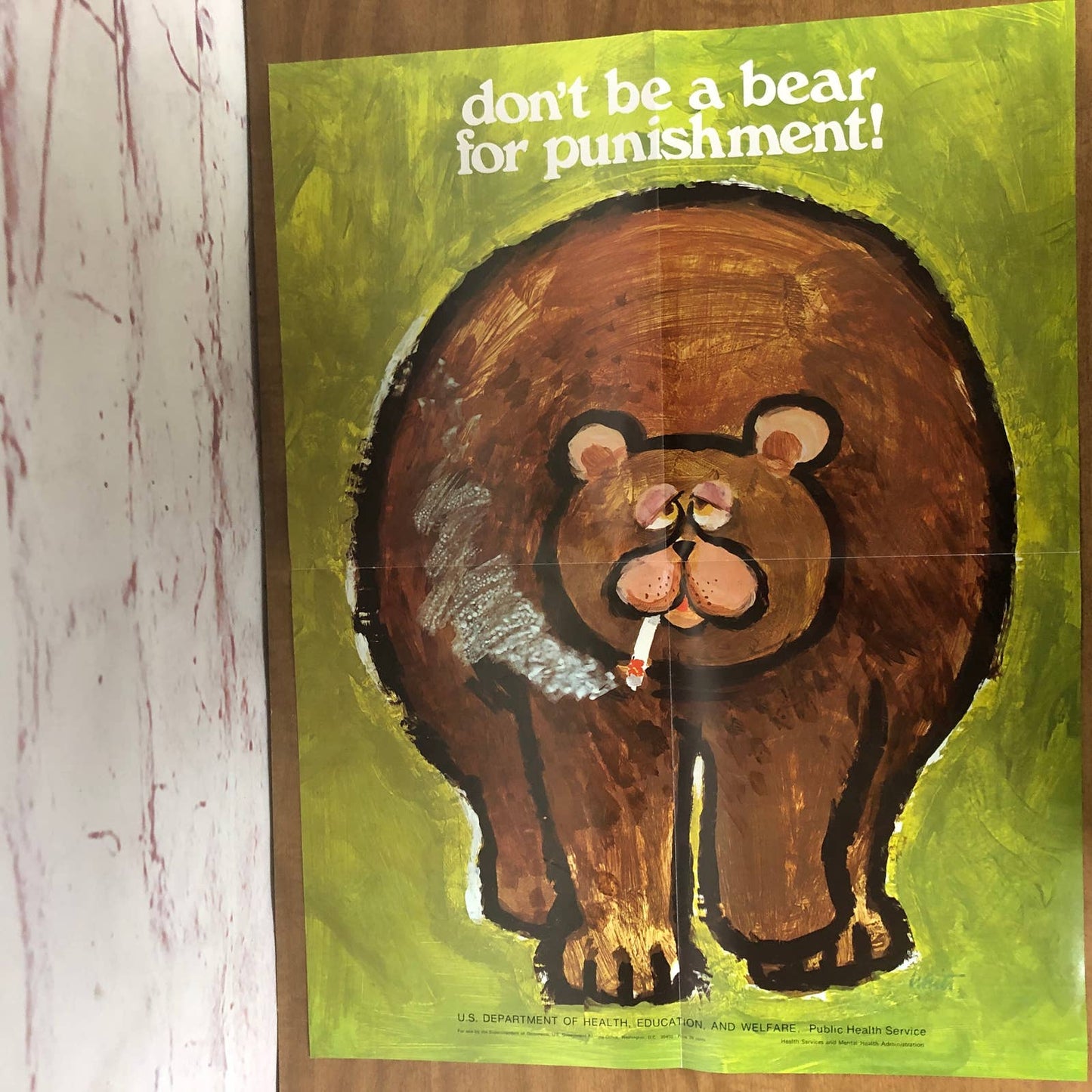 Rare 1970s Anti-Smoking School Poster Don’t Be a Bear for Punishment 21x16” AC9