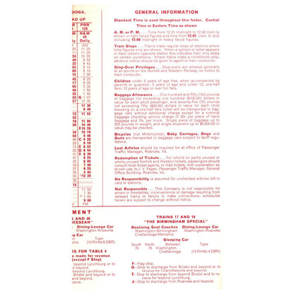 1963 Norfolk and Western Railway Powhatan Arrow & Pocahontas Timetable SE4