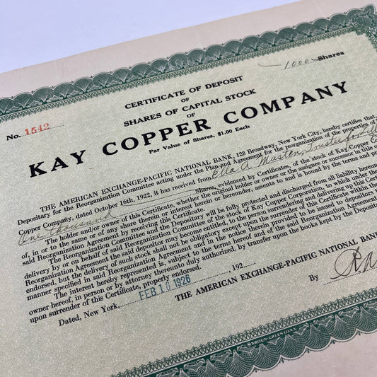 1926 Kay Copper Company Capital Stock Certificate New York FL5