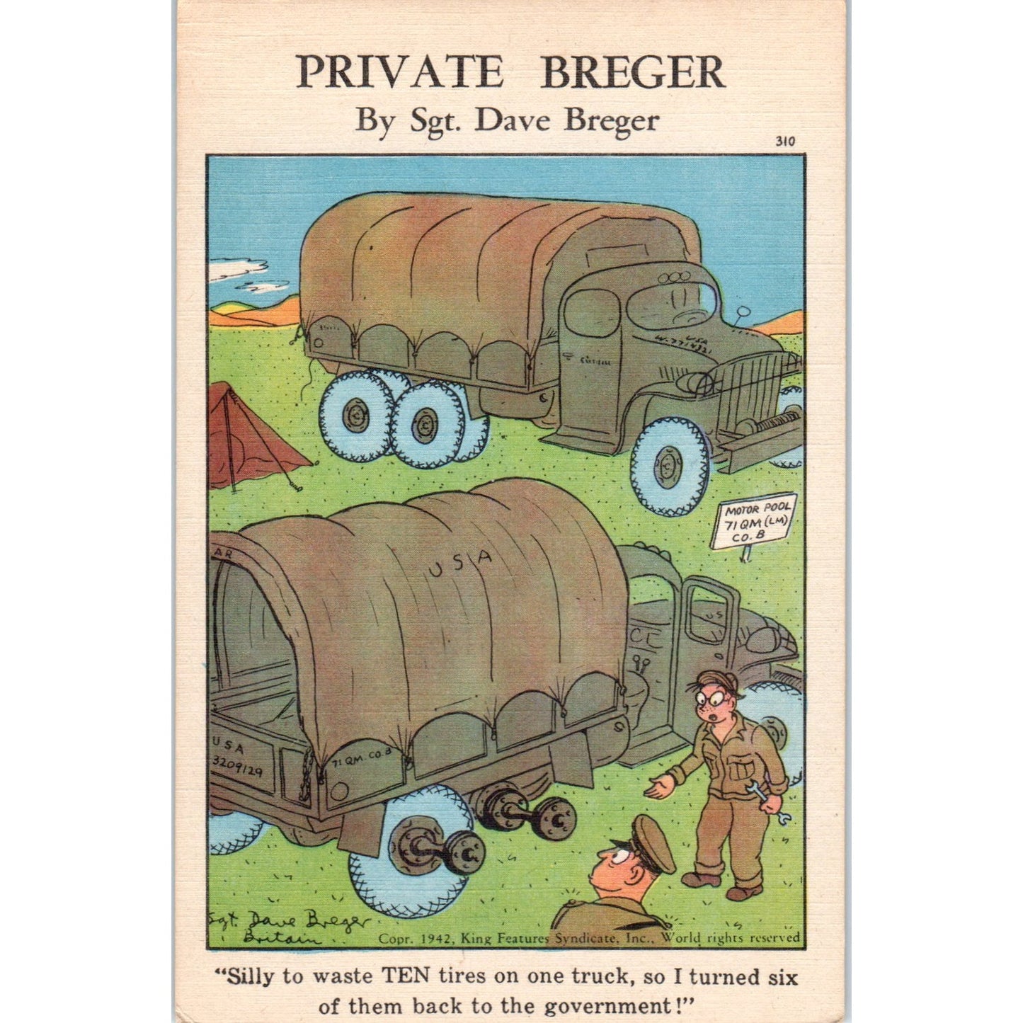 1943 WWII Private Berger #310 Humor Cartoon Sgt. Dave Berger Postcard P2-11
