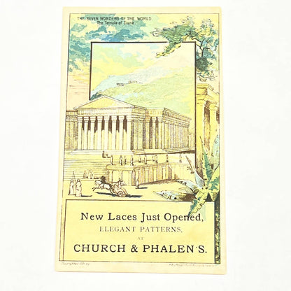 1880s Trade Card Church & Phalen Lace NY Seven Wonders Temple of Diana AB6