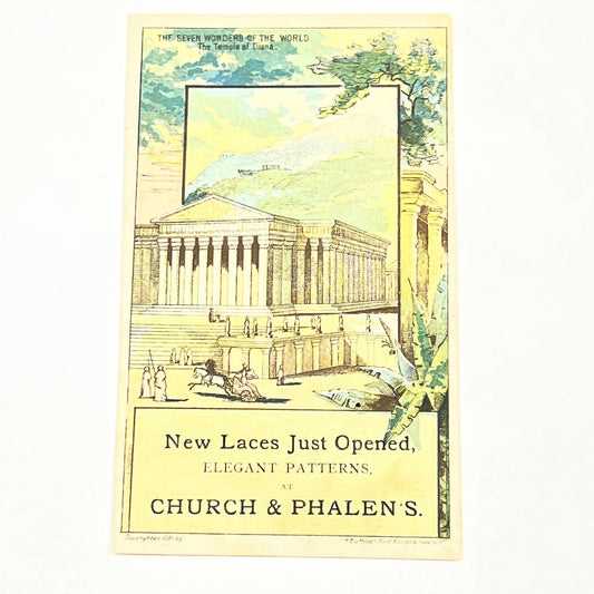 1880s Trade Card Church & Phalen Lace NY Seven Wonders Temple of Diana AB6