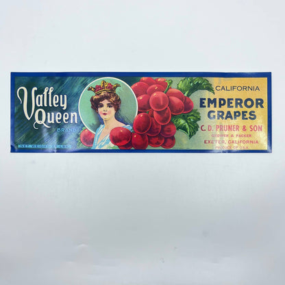 Vintage 1950's Advertising Label Valley Queen Emperor Grapes Exeter Calif FL3