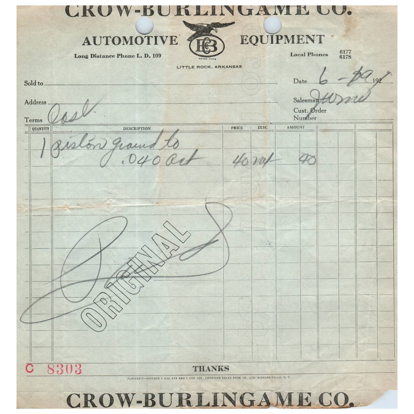 1929 June CROW-BURLINGAME CO. Automotive Equipment Order Form Little Rock AR AC9