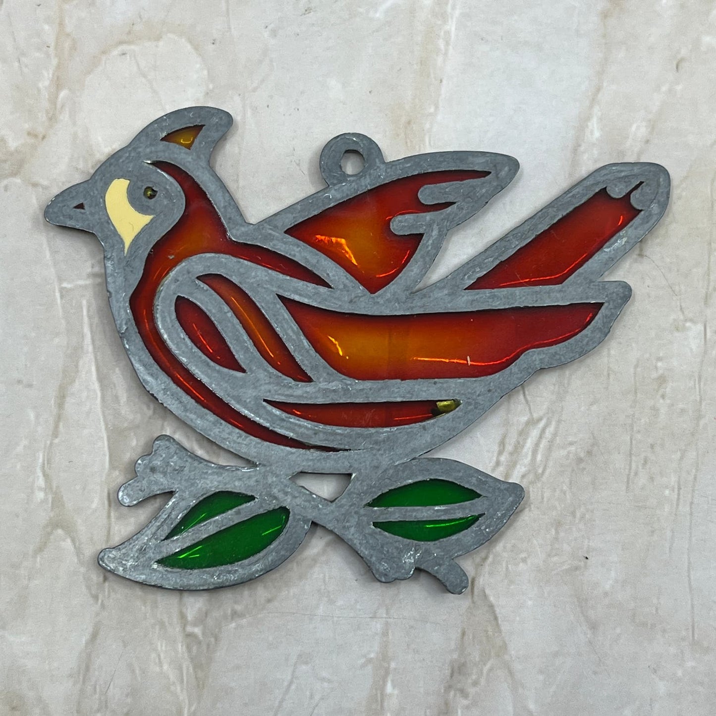 1980s Red Bird on Branch Stained Glass Suncatcher 3.5” TE5-S1