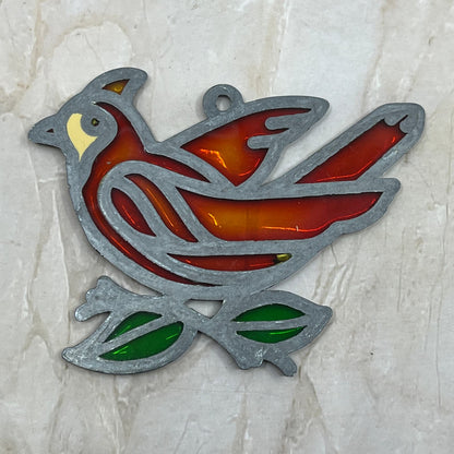 1980s Red Bird on Branch Stained Glass Suncatcher 3.5” TE5-S1