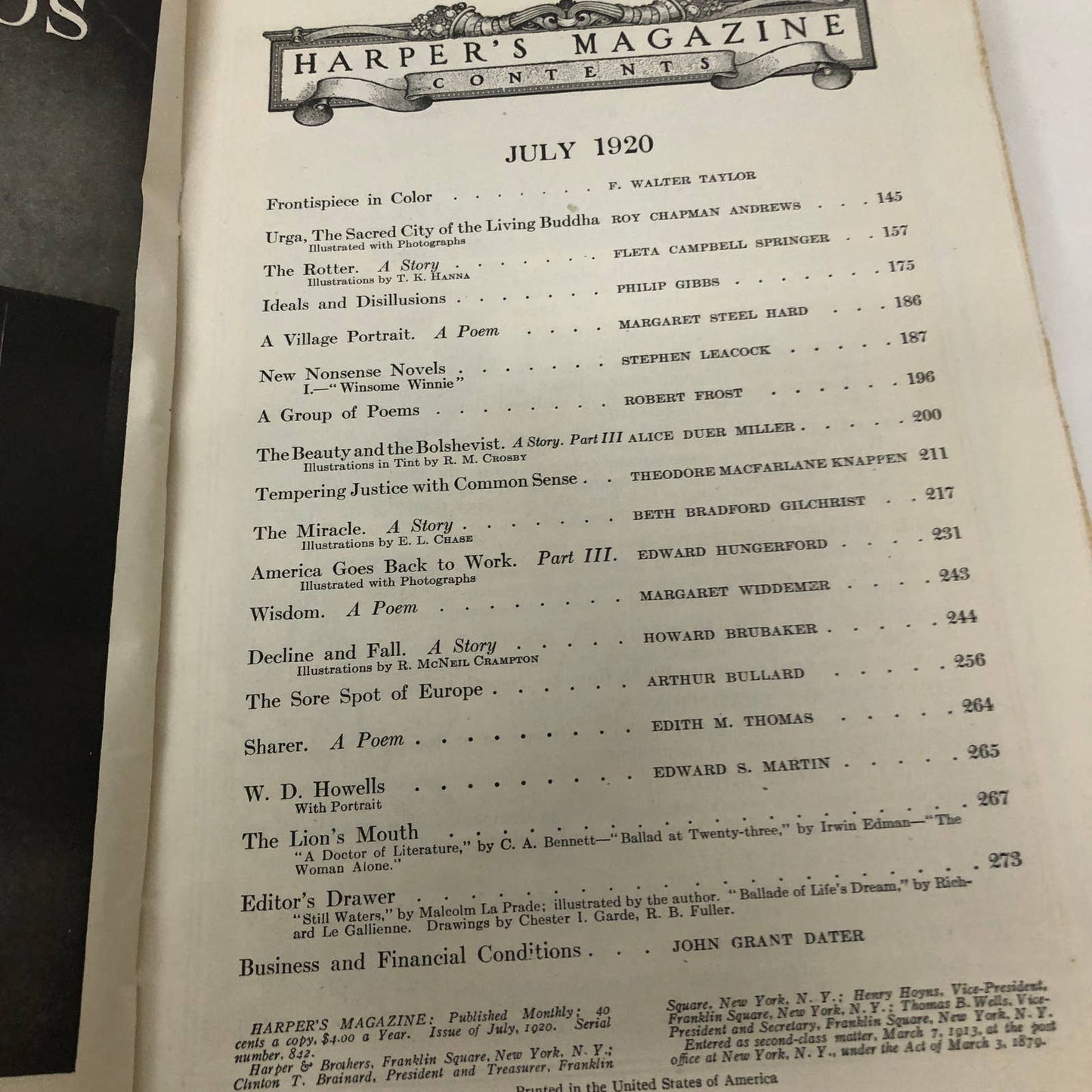 Harpers Monthly Magazine July 1920 Robert Frost: A New Group of Poems Many Ads