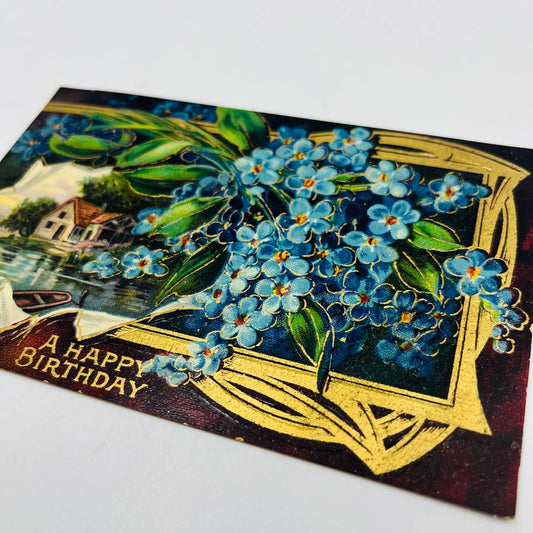 1910s Birthday Post Card Embossed Dresden Cloisonné Style Blue Forget Me Not PA5