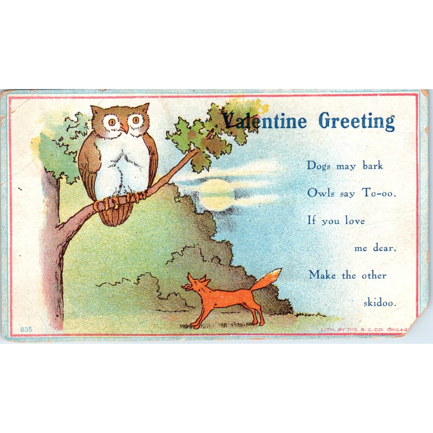 Valentine Dog Barking At Owl Bird In The Tree c1905 Original Postcard P3-3