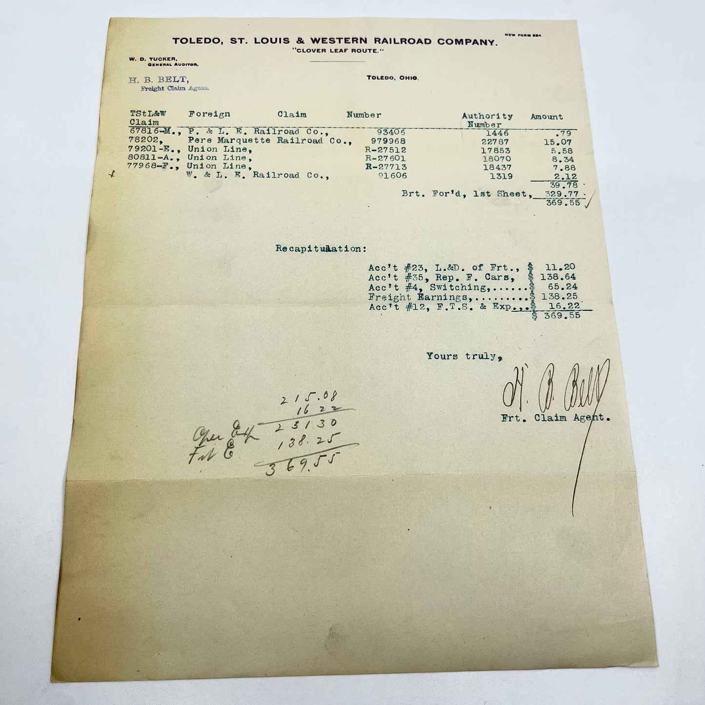 1906 Toledo, St. Louis & Western Railroad Letterhead Bookkeeping Statement AA9