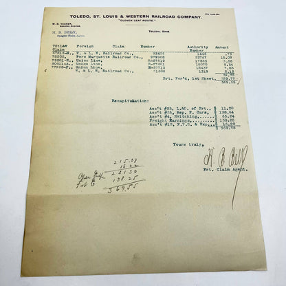 1906 Toledo, St. Louis & Western Railroad Letterhead Bookkeeping Statement AA9