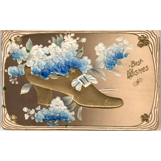 1911 Victorian Postcard Airbrushed Gold Shoe Best Wishes Embossed Floral SE4