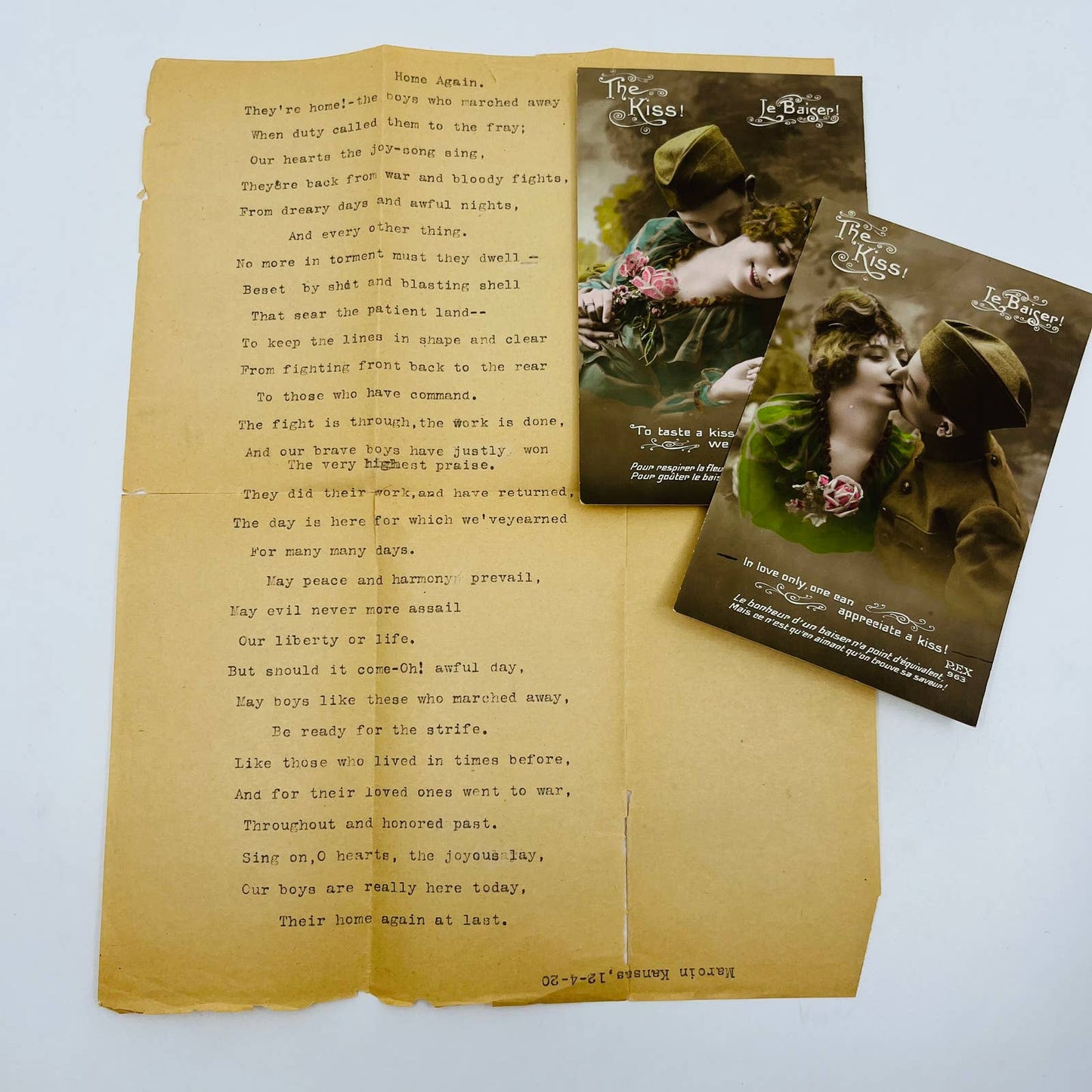 RARE World War I Original Poem and Tinted Postcard Set 1920 Marion Kansas C9