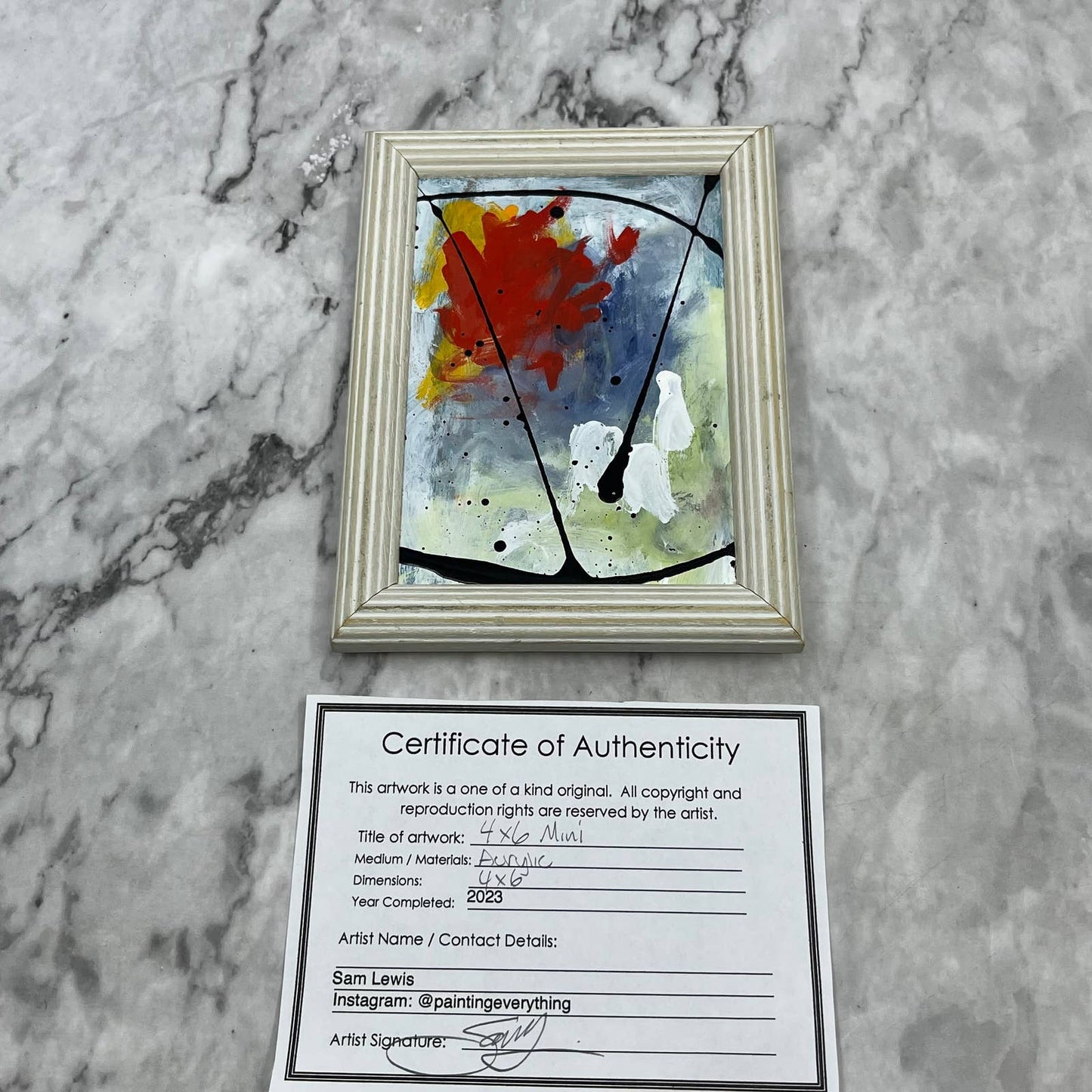 Original Framed Abstract Art Painting 4x6" Mini in White Frame With COA TJ4