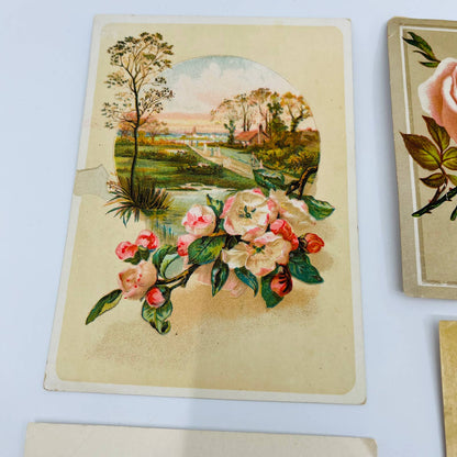 1880s Victorian Lithograph Card Scrap Set of 5 Flowers Roses 6” EA2