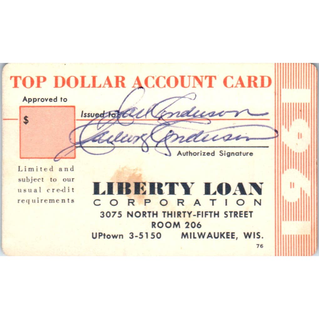 1950s Top Dollar Account Card Liberty Loan Corporation Milwaukee SE5