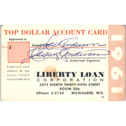 1950s Top Dollar Account Card Liberty Loan Corporation Milwaukee SE5