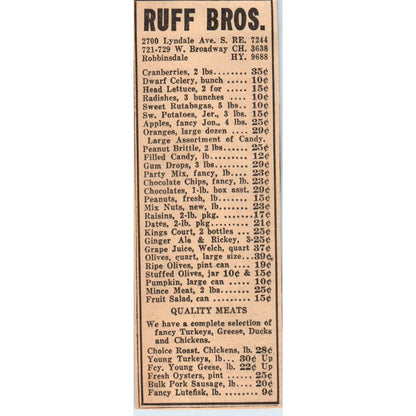 1935 Minneapolis Journal Newspaper Ad Ruff Bros. Grocery & Quality Meats FL5-4