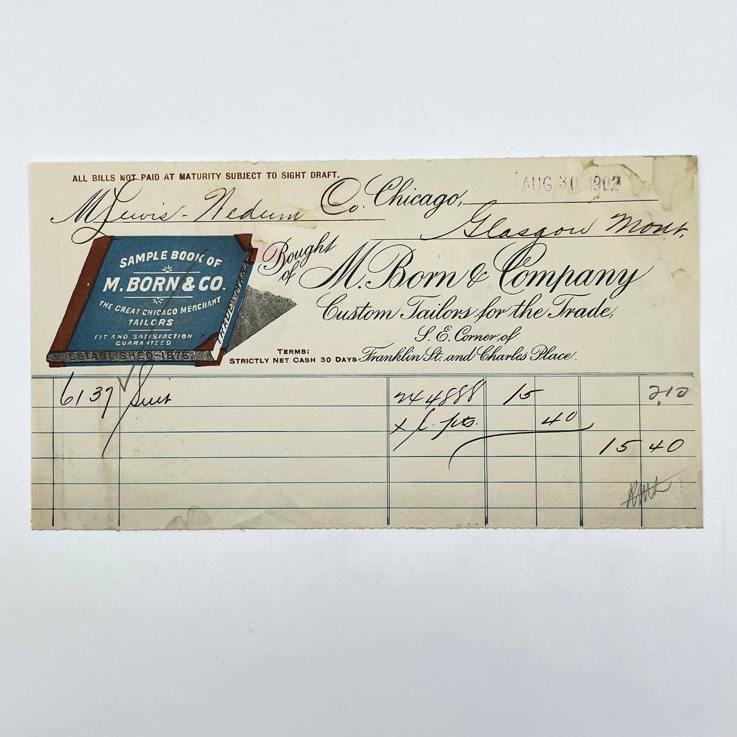 1902 M. Born & Company Custom Tailors Letterhead Chicago IL AB5