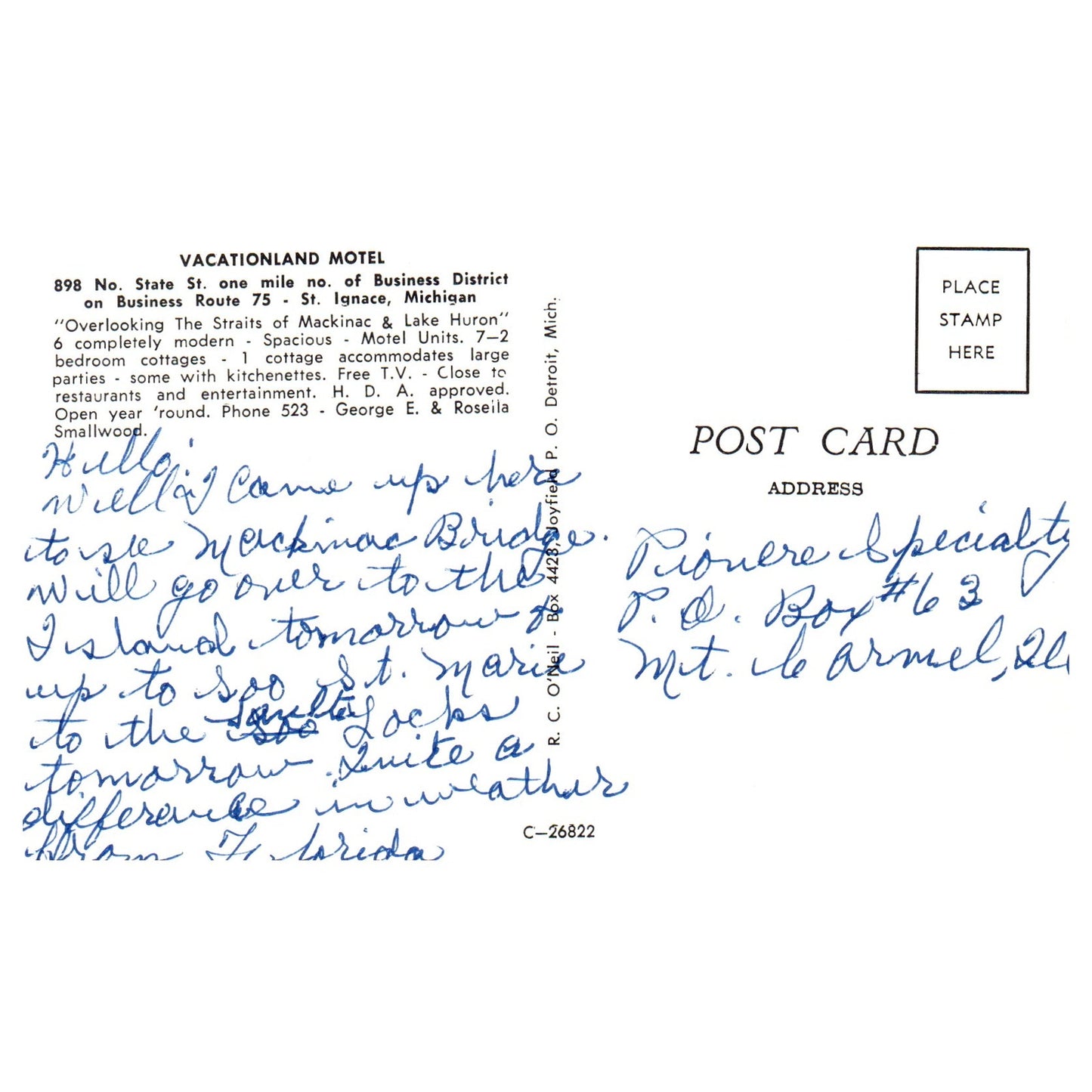 Vintage Postcard - Vacationland Motel St. Ignace Michigan George Smallwood P4-6