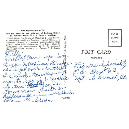Vintage Postcard - Vacationland Motel St. Ignace Michigan George Smallwood P4-6