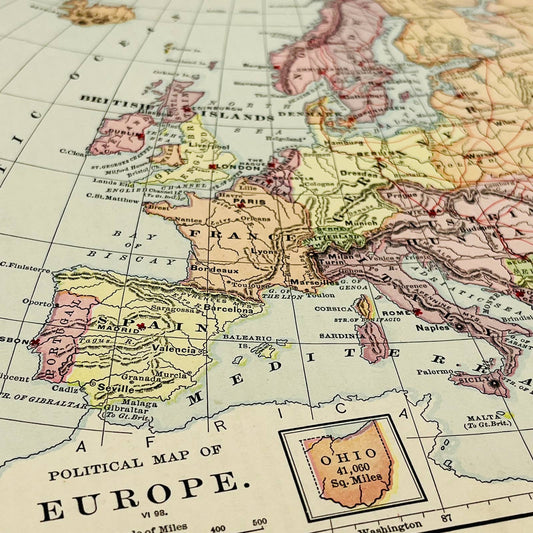 1896 Harper’s School Geography Political Map of EUROPE Color Engraved 9x12” FL1