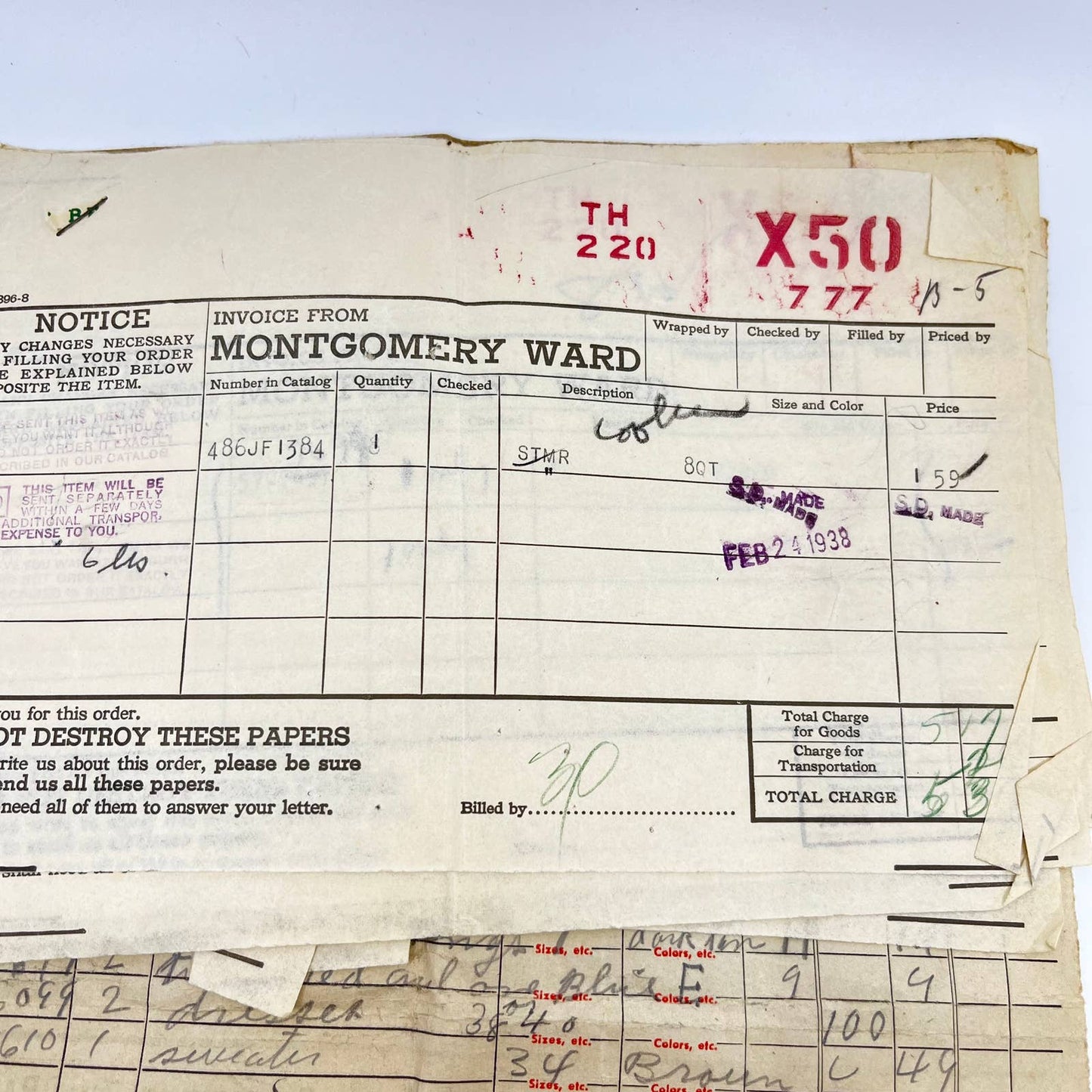 1938 Montgomery Ward Invoice and Order Forms Mathias West Virginia TE4